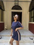 Osy Modal Yumuşak Dokulu Kumaş Parçalı Bisiklet Yaka T-shirt Mini Şortlu Etek İkili Takım -Lacivert resmi